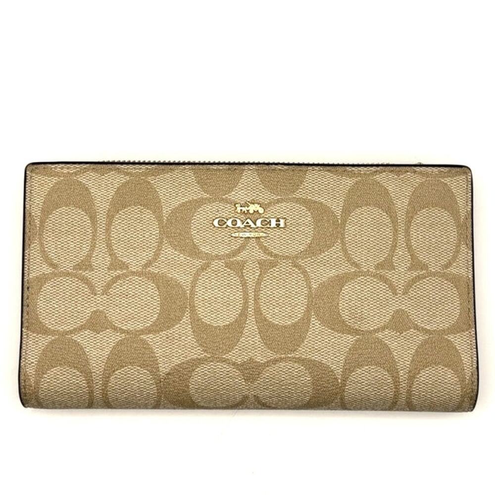 Coach Bifold Wallet, C8714 Beige Leather, Gold Hardware, Signature Coach Pattern